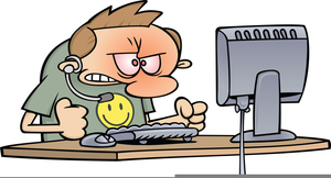 a cartoon of a man with a smiley face on his shirt sitting in front of a computer